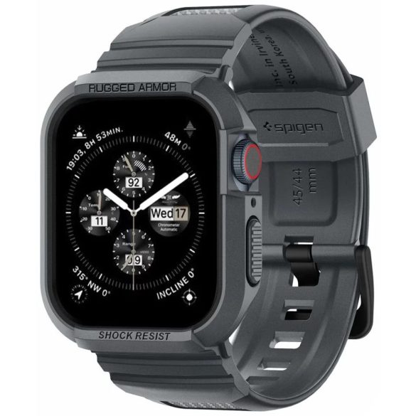 Apple Watch 4-6, SE, SE (2022) (44 mm) / Watch 7-9 (45 mm), Szilikon védőkeret, ütésálló, szíjjal, Spigen Rugged Armor Pro, sötétszürke