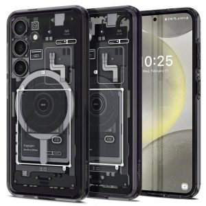 Samsung Galaxy S24 SM-S921, Műanyag hátlap védőtok + szilikon keret, Magsafe töltővel kompatibilis, Telefon belső minta, Spigen Ultra Hybrid OneTap Metal Ring Zero One, átlátszó/füst