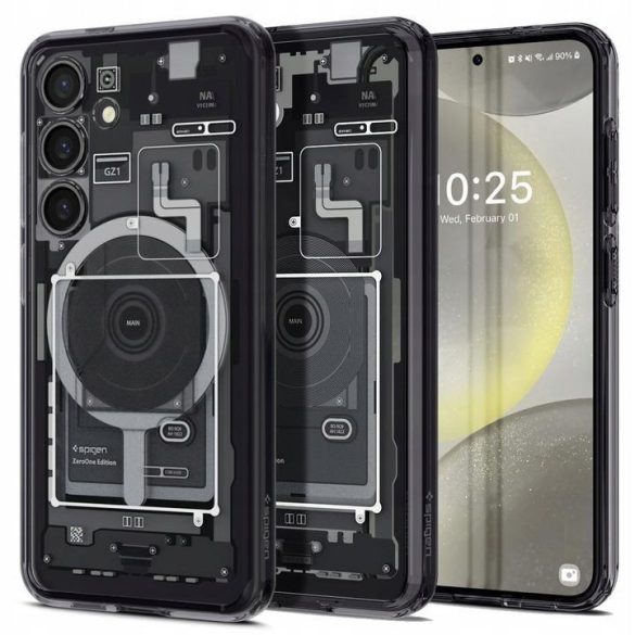 Samsung Galaxy S24 SM-S921, Műanyag hátlap védőtok + szilikon keret, Magsafe töltővel kompatibilis, Telefon belső minta, Spigen Ultra Hybrid OneTap Metal Ring Zero One, átlátszó/füst