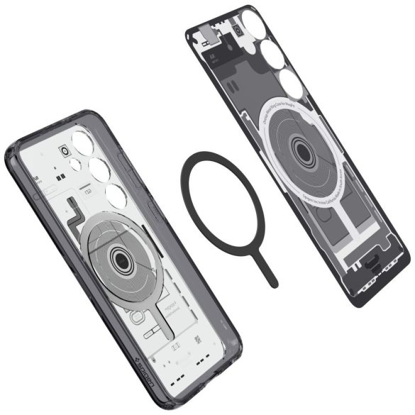 Samsung Galaxy S24 SM-S921, Műanyag hátlap védőtok + szilikon keret, Magsafe töltővel kompatibilis, Telefon belső minta, Spigen Ultra Hybrid OneTap Metal Ring Zero One, átlátszó/füst