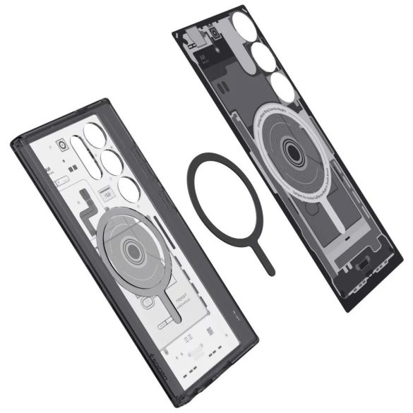 Samsung Galaxy S24 Ultra SM-S928, Műanyag hátlap védőtok + szilikon keret, Magsafe töltővel kompatibilis, Telefon belső minta, Spigen Ultra Hybrid OneTap Metal Ring Zero One, átlátszó/füst