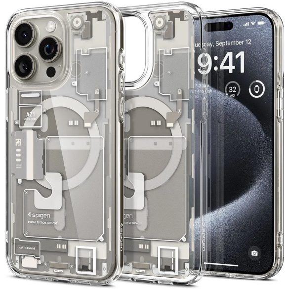 Apple iPhone 15 Pro Max, Műanyag hátlap védőtok + szilikon keret, Magsafe töltővel kompatibilis, iPhone belső minta, Spigen Ultra Hybrid Zero One Mag, átlátszó/bézs