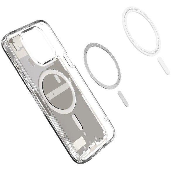 Apple iPhone 15 Pro Max, Műanyag hátlap védőtok + szilikon keret, Magsafe töltővel kompatibilis, iPhone belső minta, Spigen Ultra Hybrid Zero One Mag, átlátszó/bézs