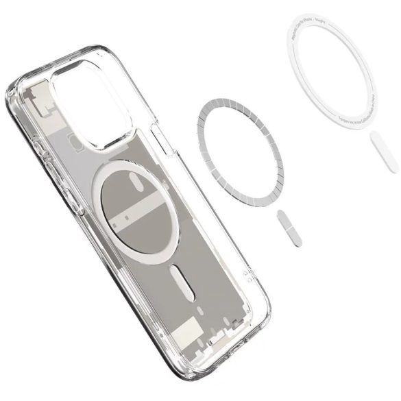 Apple iPhone 15 Pro, Műanyag hátlap védőtok + szilikon keret, Magsafe töltővel kompatibilis, iPhone belső minta, Spigen Ultra Hybrid Zero One Mag, átlátszó/bézs