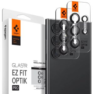 Samsung Galaxy S24 Ultra SM-S928, Kamera lencsevédő fólia, ütésálló fólia, Tempered Glass (edzett üveg), Spigen Glastr Ez Fit Optik Pro, fekete, 2 db / csomag