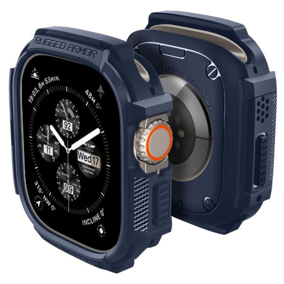 Apple Watch Ultra 1-2 (49 mm), Szilikon védőkeret, ütésálló, szíj nélkül, Spigen Rugged Armor, sötétkék