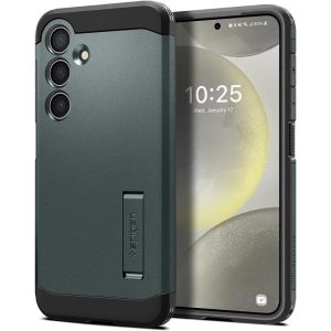 Samsung Galaxy S24 SM-S921, Szilikon tok + műanyag hátlap, kitámasztóval, Spigen Tough Armor, sötétzöld
