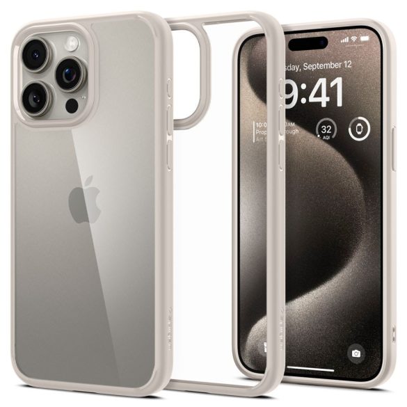 Apple iPhone 15 Pro Max, Műanyag hátlap védőtok + szilikon keret, Spigen Ultra Hybrid, átlátszó/titánszürke