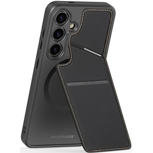 Samsung Galaxy S24 SM-S921, Műanyag hátlap védőtok + szilikon keret, stand, bőrrel bevont hátlap, kártyatartóval, Magsafe kompatibilis, Dux Ducis Rafi II Mag, fekete