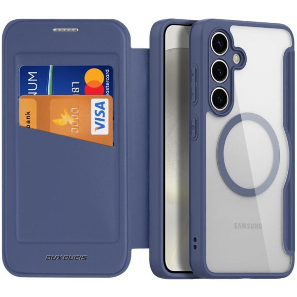 Samsung Galaxy S24 SM-S921, Oldalra nyíló tok, stand, közepesen ütésálló, Magsafe kompatibilis, Dux Ducis Skin Pro Magsafe, sötétkék