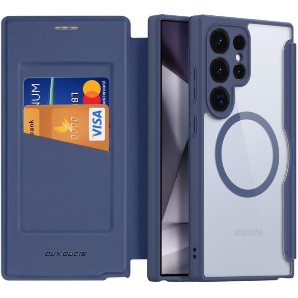 Samsung Galaxy S24 Ultra SM-S928, Oldalra nyíló tok, stand, közepesen ütésálló, Magsafe kompatibilis, Dux Ducis Skin Pro Magsafe, sötétkék