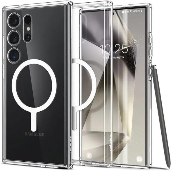 Samsung Galaxy S24 Ultra SM-S928, Műanyag hátlap védőtok + szilikon keret, Magsafe töltővel kompatibilis, Spigen Ultra Hybrid Mag, átlátszó/fehér