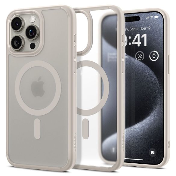 Apple iPhone 15 Pro, Műanyag hátlap védőtok + szilikon keret, Magsafe töltővel kompatibilis, Spigen Ultra Hybrid Mag Matte, áttetsző/bézs