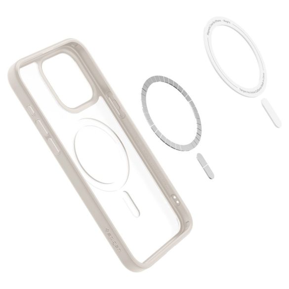 Apple iPhone 15 Pro, Műanyag hátlap védőtok + szilikon keret, Magsafe töltővel kompatibilis, Spigen Ultra Hybrid Mag Matte, áttetsző/bézs
