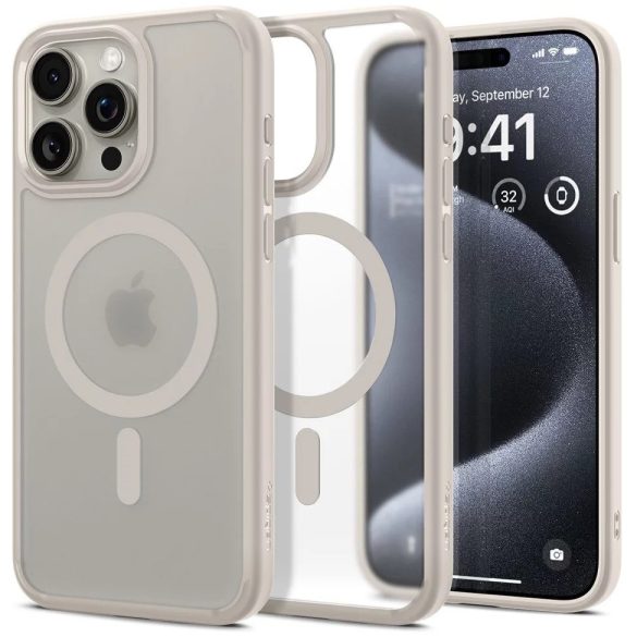 Apple iPhone 15 Pro Max, Műanyag hátlap védőtok + szilikon keret, Magsafe töltővel kompatibilis, Spigen Ultra Hybrid Mag Matte, áttetsző/bézs
