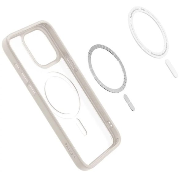 Apple iPhone 15 Pro Max, Műanyag hátlap védőtok + szilikon keret, Magsafe töltővel kompatibilis, Spigen Ultra Hybrid Mag Matte, áttetsző/bézs