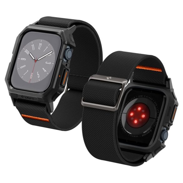 Apple Watch 4-6, SE, SE (2022) (44 mm) / Watch 7-9 (45 mm), textíl pótszíj, szilikon keret, közepesen ütésálló, Spigen Lite Fite Pro, fekete