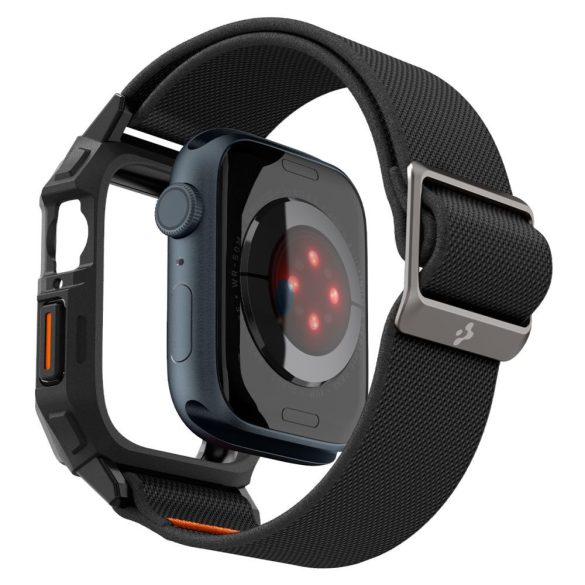 Apple Watch 4-6, SE, SE (2022) (44 mm) / Watch 7-9 (45 mm), textíl pótszíj, szilikon keret, közepesen ütésálló, Spigen Lite Fite Pro, fekete