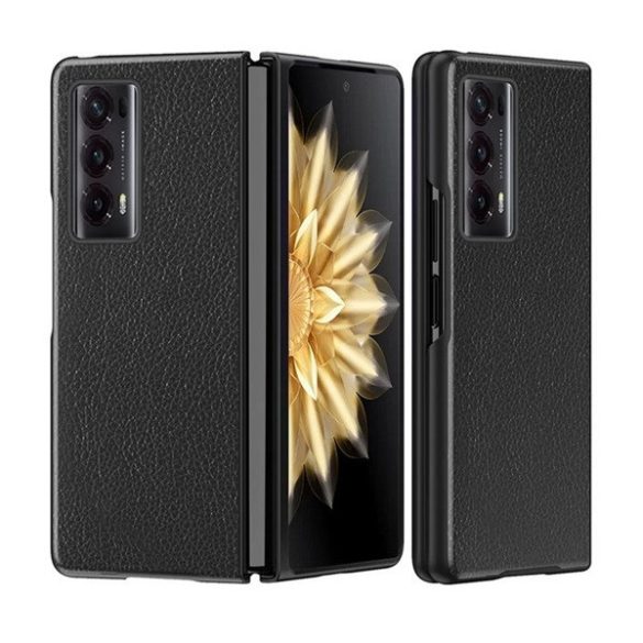 Huawei Honor Magic V2, Műanyag hátlap védőtok, bőrhatású hátlap, fekete