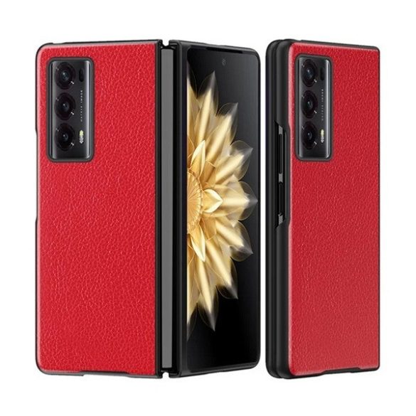 Huawei Honor Magic V2, Műanyag hátlap védőtok, bőrhatású hátlap, piros