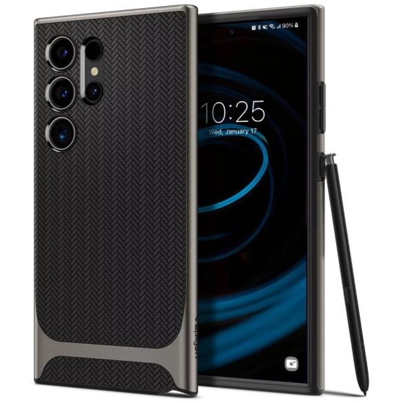 Samsung Galaxy S24 Ultra SM-S928, Szilikon tok, műanyag kerettel, Spigen Neo Hybrid, halszálka minta, sötétszürke