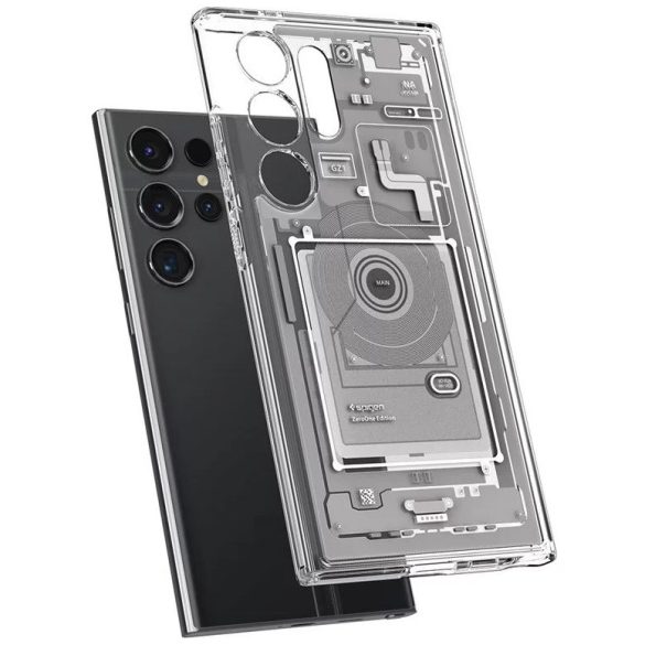 Samsung Galaxy S24 Ultra SM-S928, Műanyag hátlap védőtok + szilikon keret, Telefon belső minta, Spigen Ultra Hybrid Zero One, átlátszó/fehér