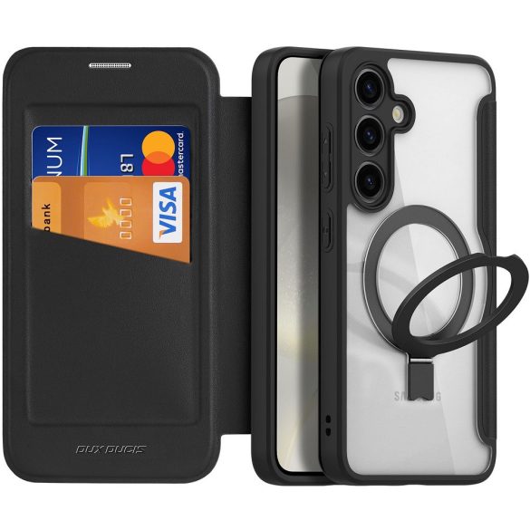 Samsung Galaxy S24 Plus SM-S926, Oldalra nyíló tok, stand, közepesen ütésálló, kitámasztóval, RFID technológiával, Magsafe kompatibilis, Dux Ducis Skin X Pro Folding Stand Magsafe, fekete