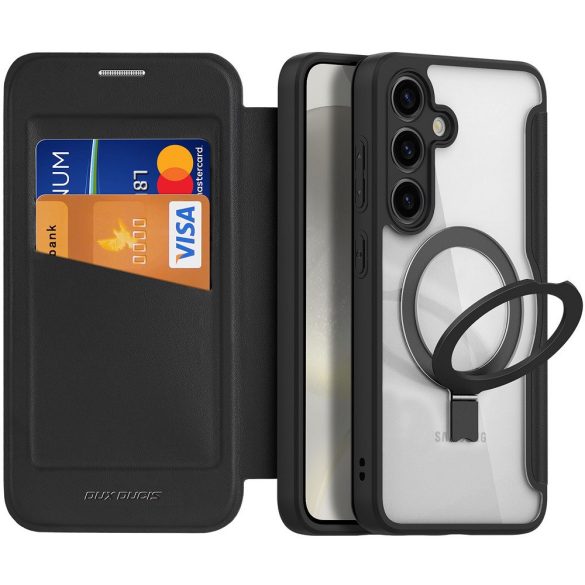 Samsung Galaxy S24 SM-S921, Oldalra nyíló tok, stand, közepesen ütésálló, kitámasztóval, RFID technológiával, Magsafe kompatibilis, Dux Ducis Skin X Pro Folding Stand Magsafe, fekete