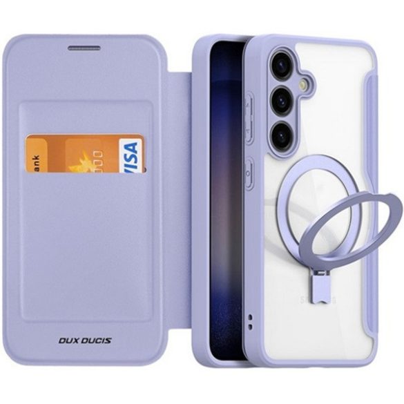 Samsung Galaxy S24 SM-S921, Oldalra nyíló tok, stand, közepesen ütésálló, kitámasztóval, RFID technológiával, Magsafe kompatibilis, Dux Ducis Skin X Pro Ring Stand Magsafe, lila