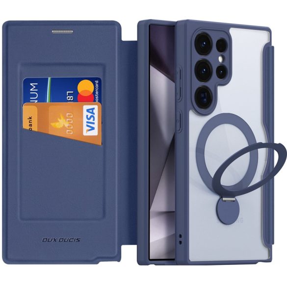Samsung Galaxy S24 Ultra SM-S928, Oldalra nyíló tok, stand, közepesen ütésálló, kitámasztóval, RFID technológiával, Magsafe kompatibilis, Dux Ducis Skin X Pro Ring Stand Magsafe, sötétkék