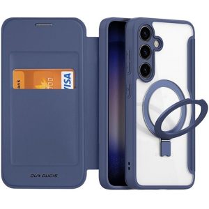 Samsung Galaxy S24 SM-S921, Oldalra nyíló tok, stand, közepesen ütésálló, kitámasztóval, RFID technológiával, Magsafe kompatibilis, Dux Ducis Skin X Pro Ring Stand Magsafe, sötétkék