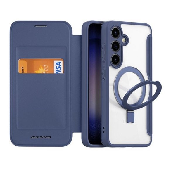 Samsung Galaxy S24 Plus SM-S926, Oldalra nyíló tok, stand, közepesen ütésálló, kitámasztóval, RFID technológiával, Magsafe kompatibilis, Dux Ducis Skin X Pro Ring Stand Magsafe, sötétkék
