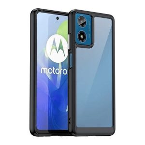 Motorola Moto G04 / G04s / G24 / G24 Power / E14, Műanyag hátlap védőtok + szilikon keret, közepesen ütésálló, átlátszó hátlap, fekete