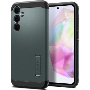 Samsung Galaxy A35 5G SM-A356B, Szilikon tok + műanyag hátlap, kitámasztóval, Spigen Tough Armor, sötétzöld