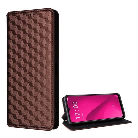 ZTE Blade V50 Design, Oldalra nyíló tok, bőrhatású, stand, Teljes 3D rombusz minta, prémium, barna