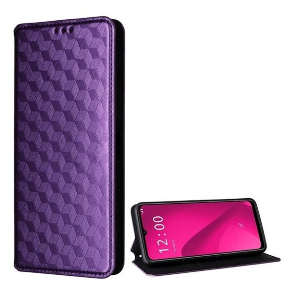 ZTE Blade V50 Design, Oldalra nyíló tok, bőrhatású, stand, Teljes 3D rombusz minta, prémium, lila