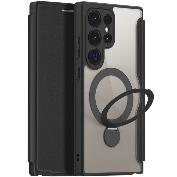 Samsung Galaxy S24 Ultra SM-S928, Oldalra nyíló tok, stand, közepesen ütésálló, kitámasztóval, RFID technológiával, Magsafe kompatibilis, Dux Ducis Skin X Pro Ring Stand Magsafe, fekete