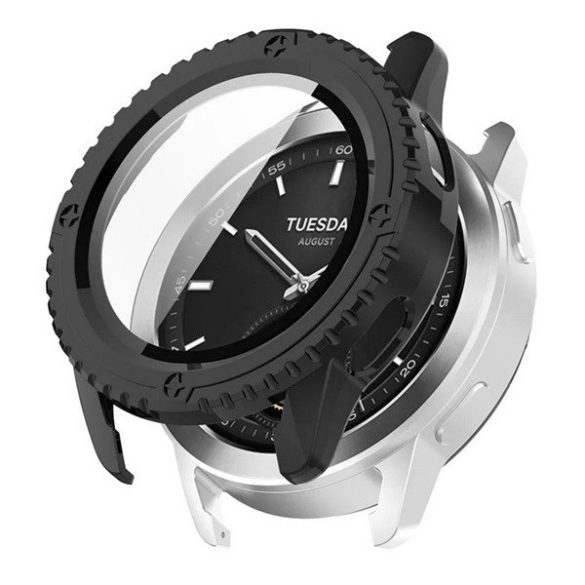 Xiaomi Watch S3, Műanyag védőkeret, kijelzővédő üveggel, közepesen ütésálló, szíj nélkül, fekete