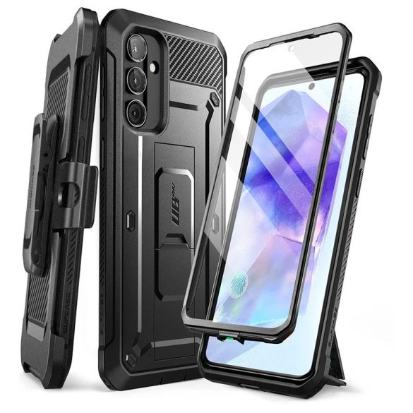 Samsung Galaxy A55 5G SM-A556B, Műanyag hátlap védőtok + képernyővédő, közepesen ütésálló, telefontartó gyűrű, kitámasztóval, övre fűzhető, SupCase Unicorn Beetle Pro, fekete