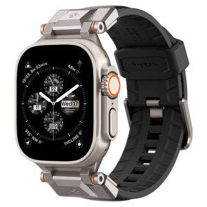 Apple Watch 4-6, SE, SE (2022) (42 / 44 mm) / Watch 7-9 (45 mm) / Watch 10 (46 mm) / Watch Ultra 1-2 (49 mm), szilikon pótszíj, fém csatlakozással, bőrhatású, Spigen DuraPro Armor PU, fekete