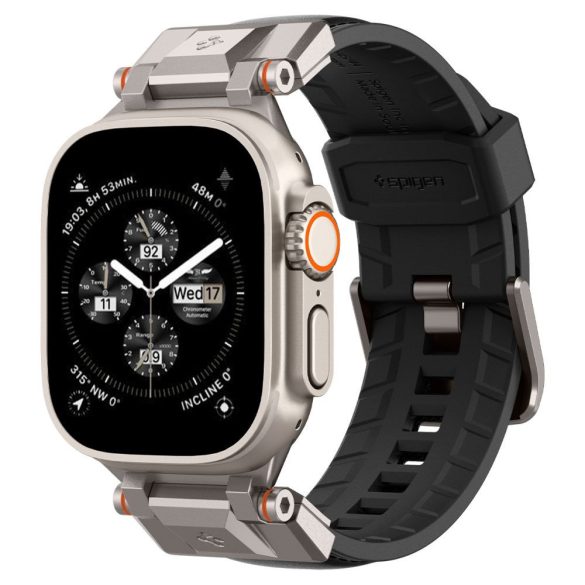 Apple Watch 4-6, SE, SE (2022) (42 / 44 mm) / Watch 7-9 (45 mm) / Watch 10 (46 mm) / Watch Ultra 1-2 (49 mm), szilikon pótszíj, fém csatlakozással, bőrhatású, Spigen DuraPro Armor PU, fekete