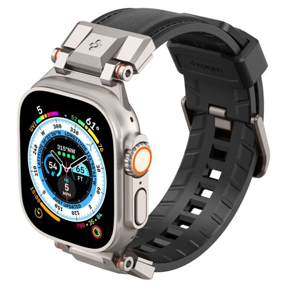 Apple Watch 4-6, SE, SE (2022) (42 / 44 mm) / Watch 7-9 (45 mm) / Watch 10 (46 mm) / Watch Ultra 1-2 (49 mm), szilikon pótszíj, fém csatlakozással, bőrhatású, Spigen DuraPro Armor PU, fekete