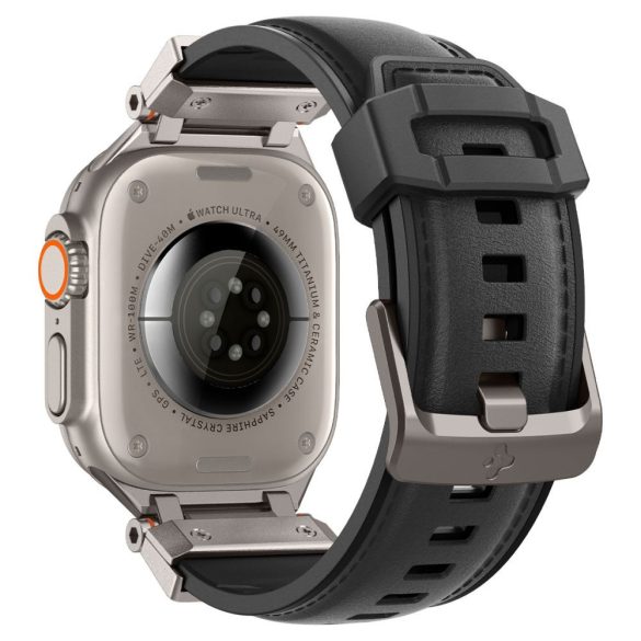 Apple Watch 4-6, SE, SE (2022) (42 / 44 mm) / Watch 7-9 (45 mm) / Watch 10 (46 mm) / Watch Ultra 1-2 (49 mm), szilikon pótszíj, fém csatlakozással, bőrhatású, Spigen DuraPro Armor PU, fekete