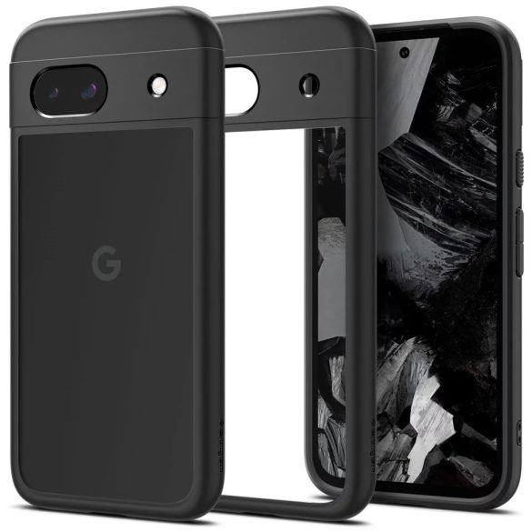 Google Pixel 8a, Műanyag hátlap védőtok + szilikon keret, Spigen Ultra Hybrid, átlátszó/fekete