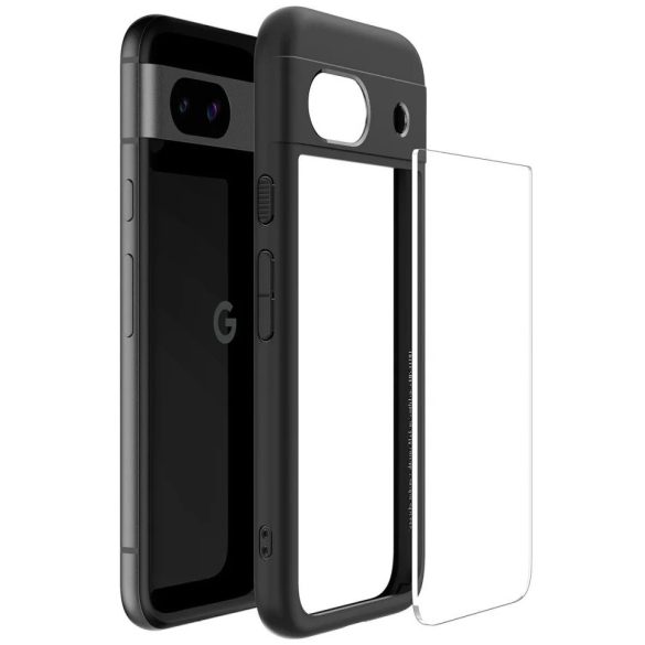 Google Pixel 8a, Műanyag hátlap védőtok + szilikon keret, Spigen Ultra Hybrid, átlátszó/fekete