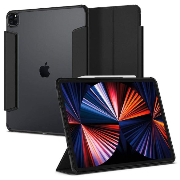 Apple iPad Pro 12.9 (2021) / iPad Pro 12.9 (2022), mappa tok, légpárnás sarok, közepesen ütésálló, Apple Pencil tartóval, Smart Case, Spigen Ultra Hybrid Pro, átlátszó/fekete