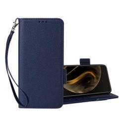   ZTE Blade A72s, Oldalra nyíló tok, stand, kártyatartóval, kézpánttal, bőrhatású, prémium, sötétkék