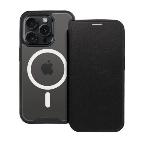 Apple iPhone 15 Pro, Oldalra nyíló tok, kártyatartóval, átlátszó hátlap, Magsafe kompatibilis, Smart Mag, fekete