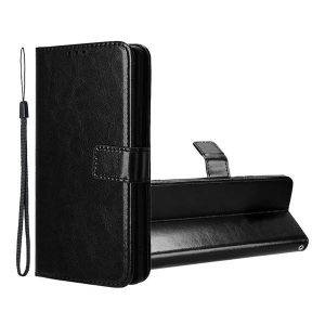 Tecno Spark 10 5G, Oldalra nyíló tok, stand, bőrhatású, kézpánttal, fekete