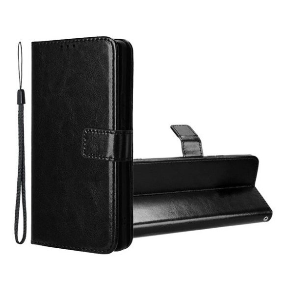 Tecno Spark 10 5G, Oldalra nyíló tok, stand, bőrhatású, kézpánttal, fekete